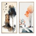 thumbnail image 2 of Designart "Majestic Watercolour Tree near Countryhouse II" Landscape Forest Framed Wall Art Set Of 2 - Country Black Framed Canvas Set For Living Room Decor, 2 of 6