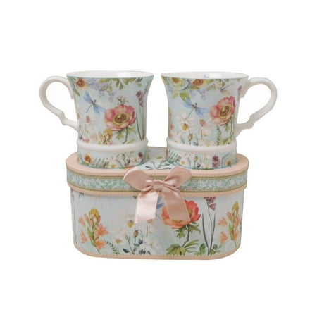 Set Of 2 Coffee Mugs Elegantoss Bone China Unique Set Of Two Coffee Tea Mugs 10 oz each cup set in attractive handmade gift box elegant floral design ()