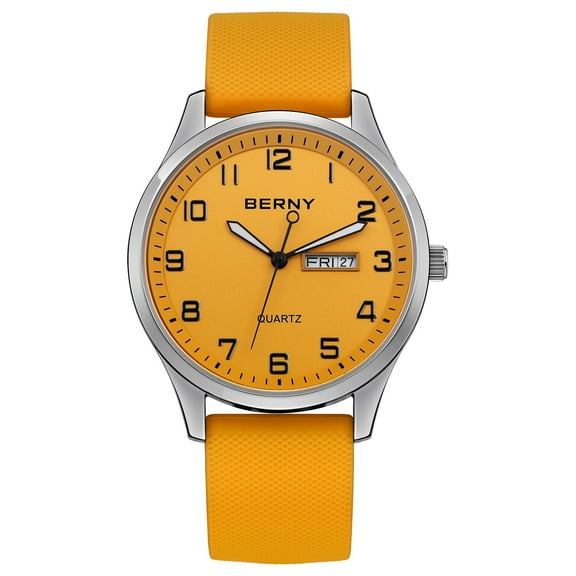 BERNY Modern Quartz Watch for Men Casual Easy Read Wristwatch with Arabic Numeral Watch Dial, Silicone Strap and Day & Date Calendar-Orange Dial