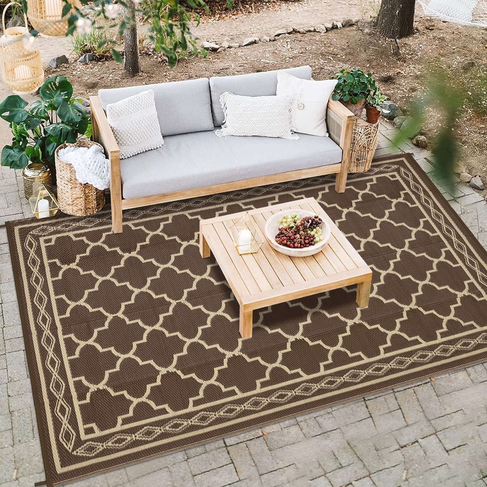 HIWEAVER 10' x 20' Brown Outdoor Rug PP Plastic Straw Woven Waterproof Patio Rug with Border Portable Outside Carpet for Balcony Deck Picnic Garden Decor