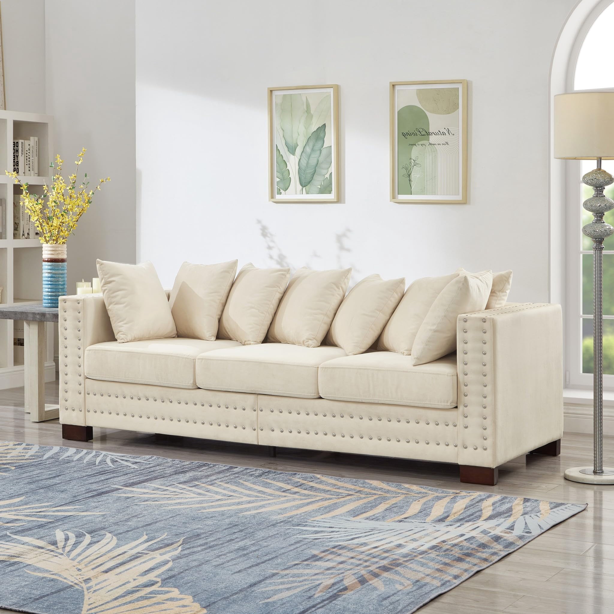 Eyisean 84.5" Velvet Modern Loveseat Sofa for Living Room, 3-Seater Upholstered Tufted Couch with Nailhead Arms & Pillow, Removable/Washable Cushion, Cloud Couch with Storage Space