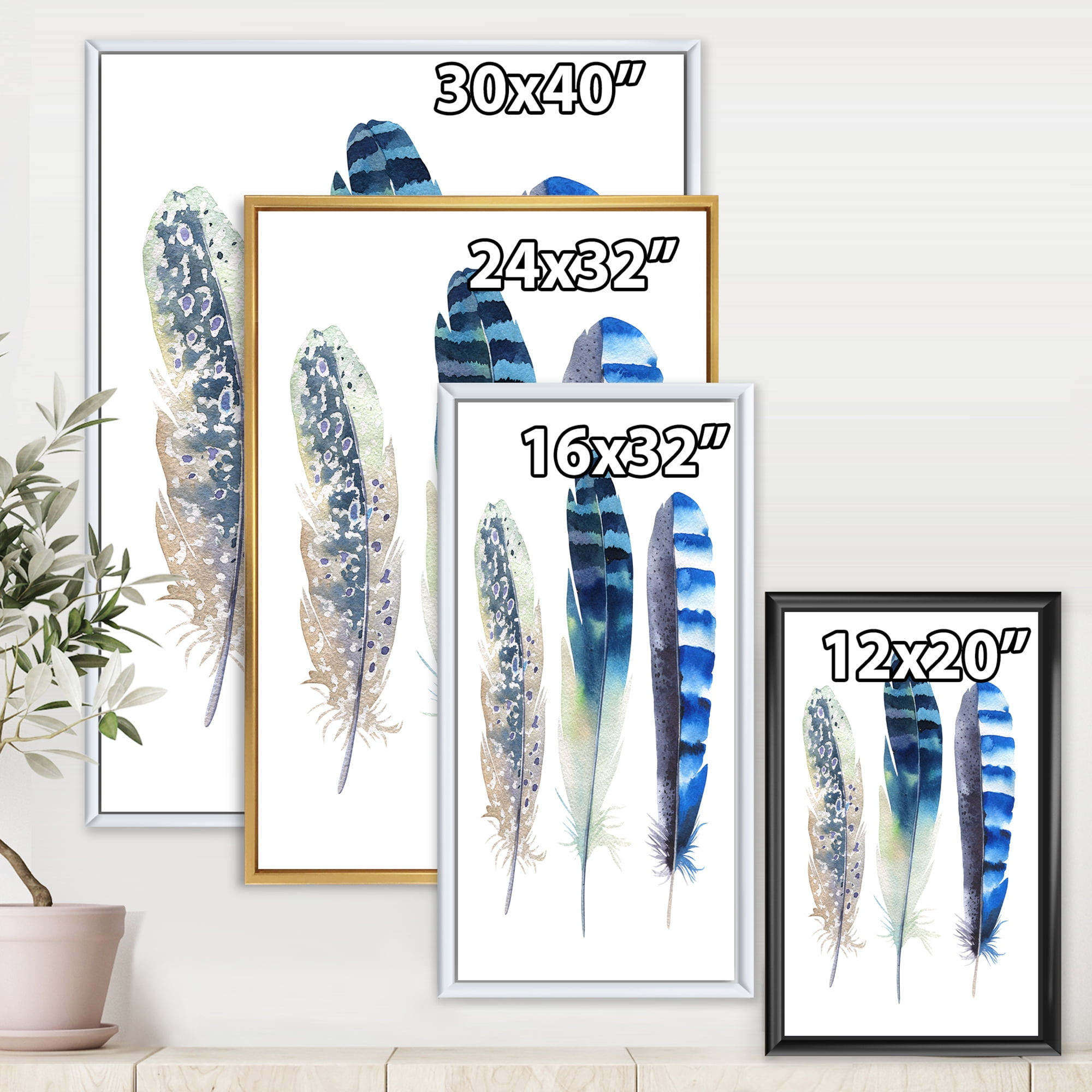 Designart 'Colourful Boho Art Feathers I' Bohemian & Eclectic Framed Canvas Wall Art Print