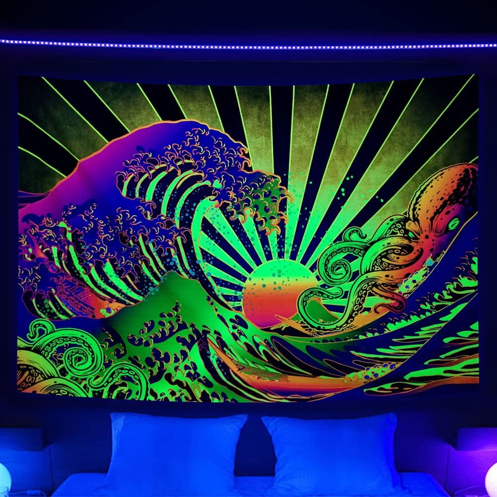 Blacklight Tapestry Great Wave Tapestry UV Reactive Japanese Kanagawa