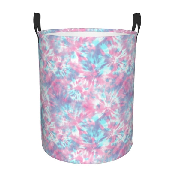 Saiise Tie Dye Print Large Collapsible Laundry Basket, Waterproof Round Cotton Linen Storage Bin with Handles for Hamper, Kids' Room, and Toy Storage-Medium
