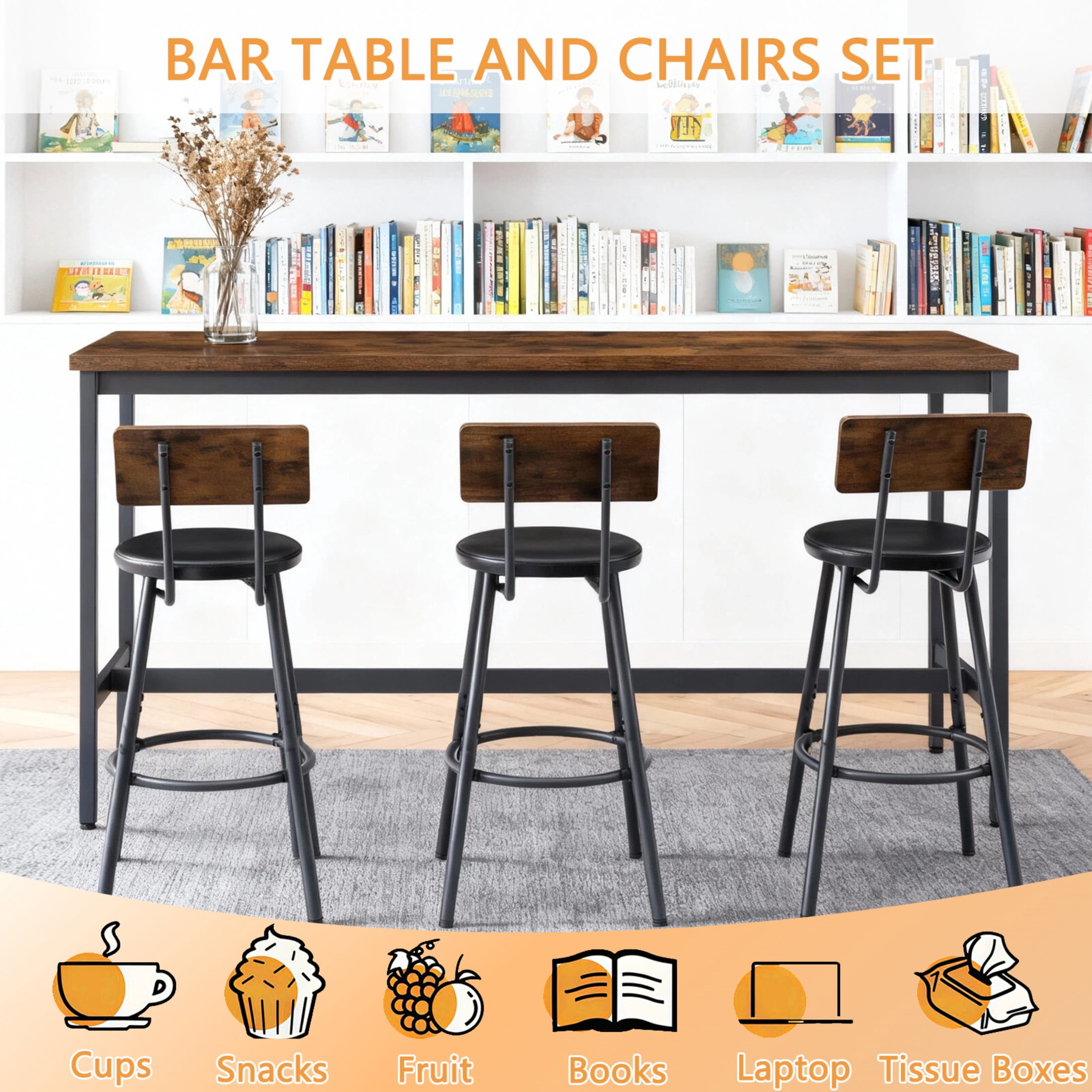 Noble House 4-Piece Industrial Bar Table and Chairs Set, Kitchen Dining Table with 3 Faux Leather Stools, Rustic Brown
