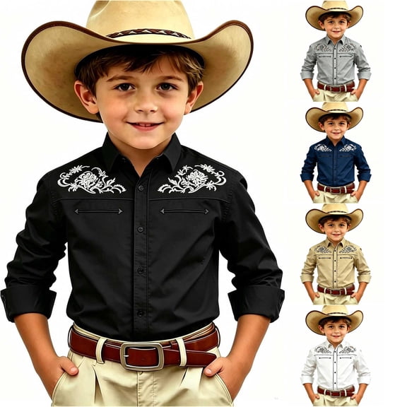 SGMVNU Boys Vintage Western Cowboy Shirt Long Sleeve Button Down Fitted Retro Dress Shirt Halloween Top, Size 6-7 Years, Black