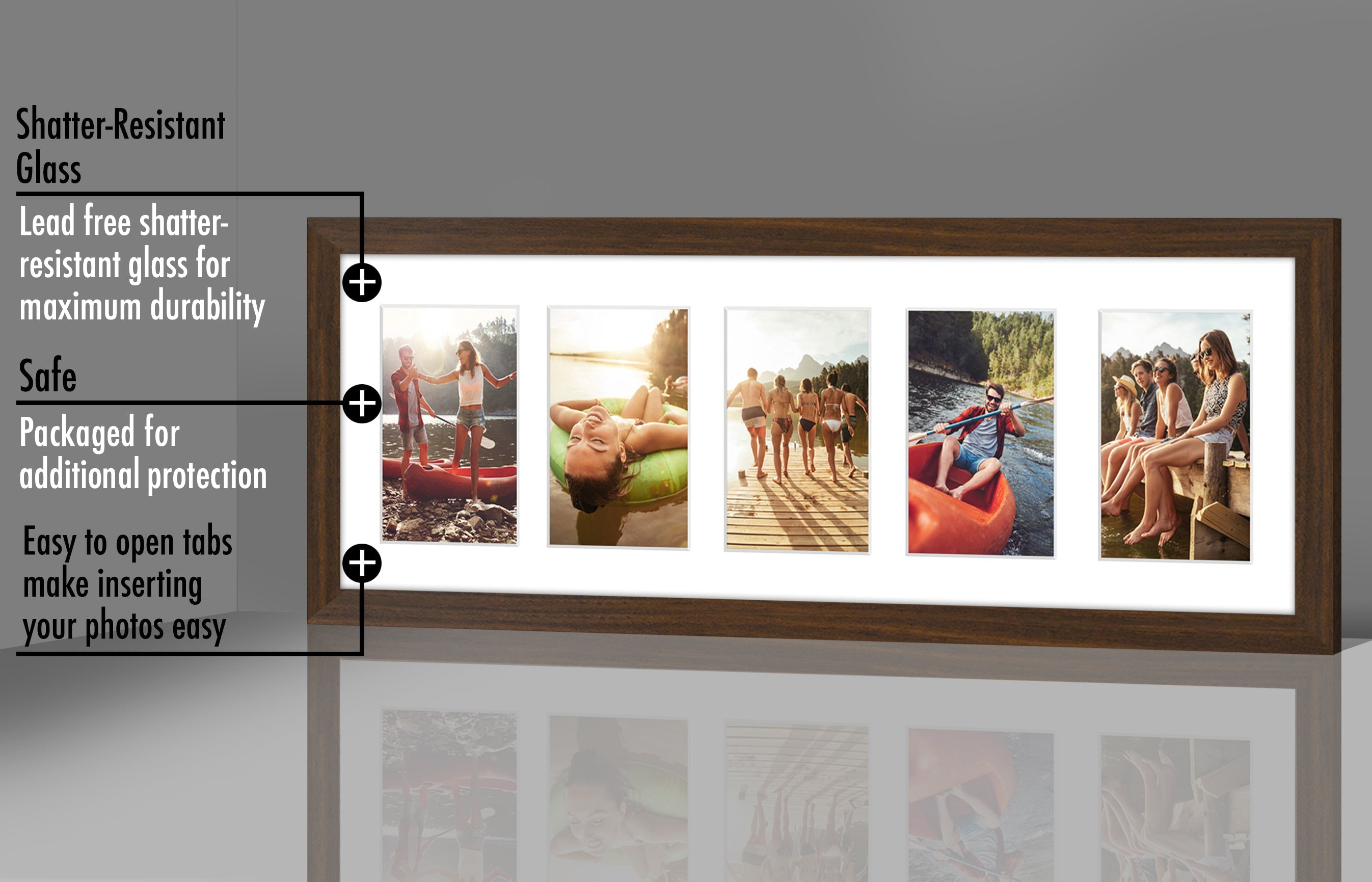 Americanflat 8x24 Collage Picture Frame with Five 4x6 Displays in Walnut - Composite Wood with Shatter Resistant Glass - Horizontal and Vertical Formats for Wall