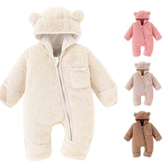 CUZIBR Baby Toddler Girls Romper Outfit Suit Solid Color Long Sleeve Full Zip Up Fuzzy Hooded Jumpsuit Footies Kids Boys One Piece Winter Thermal Warm Snowsuit Clothes Bodysuit,Beige,0-3 Months