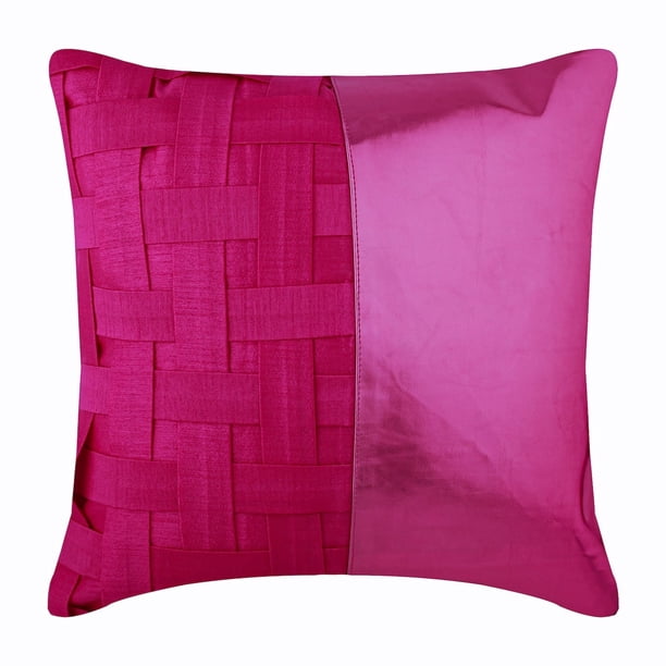 Funda de almohada rosa fucsia, funda de almohada lisa, 30 x 30 cm (12 x 12 pulgadas), fundas de almohada de seda, tejido de canasta con imitación metálica, moderna, patchwork - Fuchsia N Half