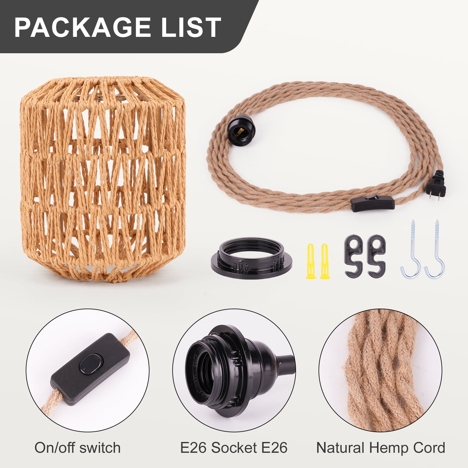 FRIDEKO 6" Bohemia Plug in Pendant Light Fixture, Woven String Hanging Light with 15ft Hemp Rope On/Off Switch, E26 Farmhouse Pendant Light for Living Room (Without Bulb)