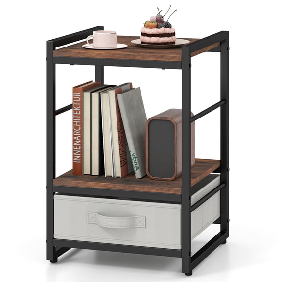 Gymax Nightstand Industrial Bedside Table w/ Open Storage Shelf & Fabric Drawer