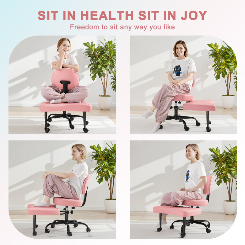 Lacoo Ergonomic Cross Legged Swivel Office Chair,ADHD & Meditation Chair with Retractable footrest,Adjustable Height with Back Support,PU Leather,Pink