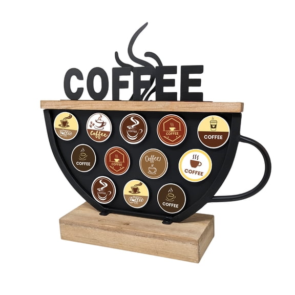 Black Coffee Pod Holder compatible with K-Cups – Metal & Wood Coffee Bar Functional Décor, Café Station Countertop Storage, Space-Saving Coffee Rack, Great Gift for Coffee Lovers, Home, Office, Café