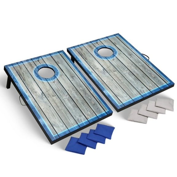 Hathaway LED Cornhole Set with Rustic Target Boards and 8 Bean Toss Bags, Lighted Target Areas, Carry Handles for Portability – Blue/White