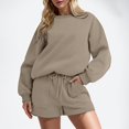 thumbnail image 2 of JIAYUE Women 2 Piece Outfits Sets Casual Long Sleeve Shorts Pocket Drawstring Solid Color Round Neck Top Loose Fit Female Trendy Clothing Set, 2 of 6