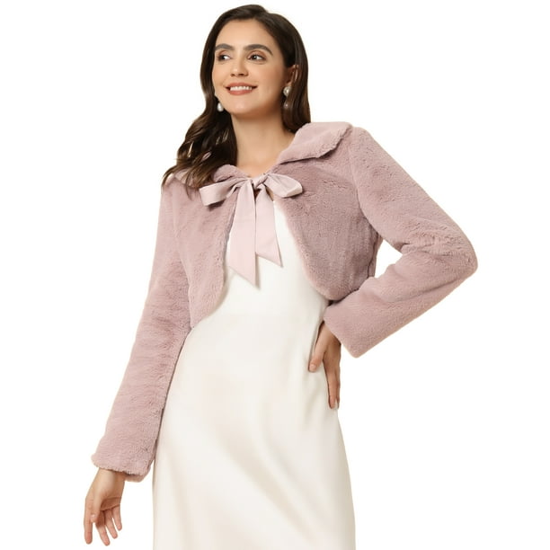Chaqueta recortada Allegra K esponjosa cuello de Peter Pan piel sintética elegante mujer Rosa Empolvado XL