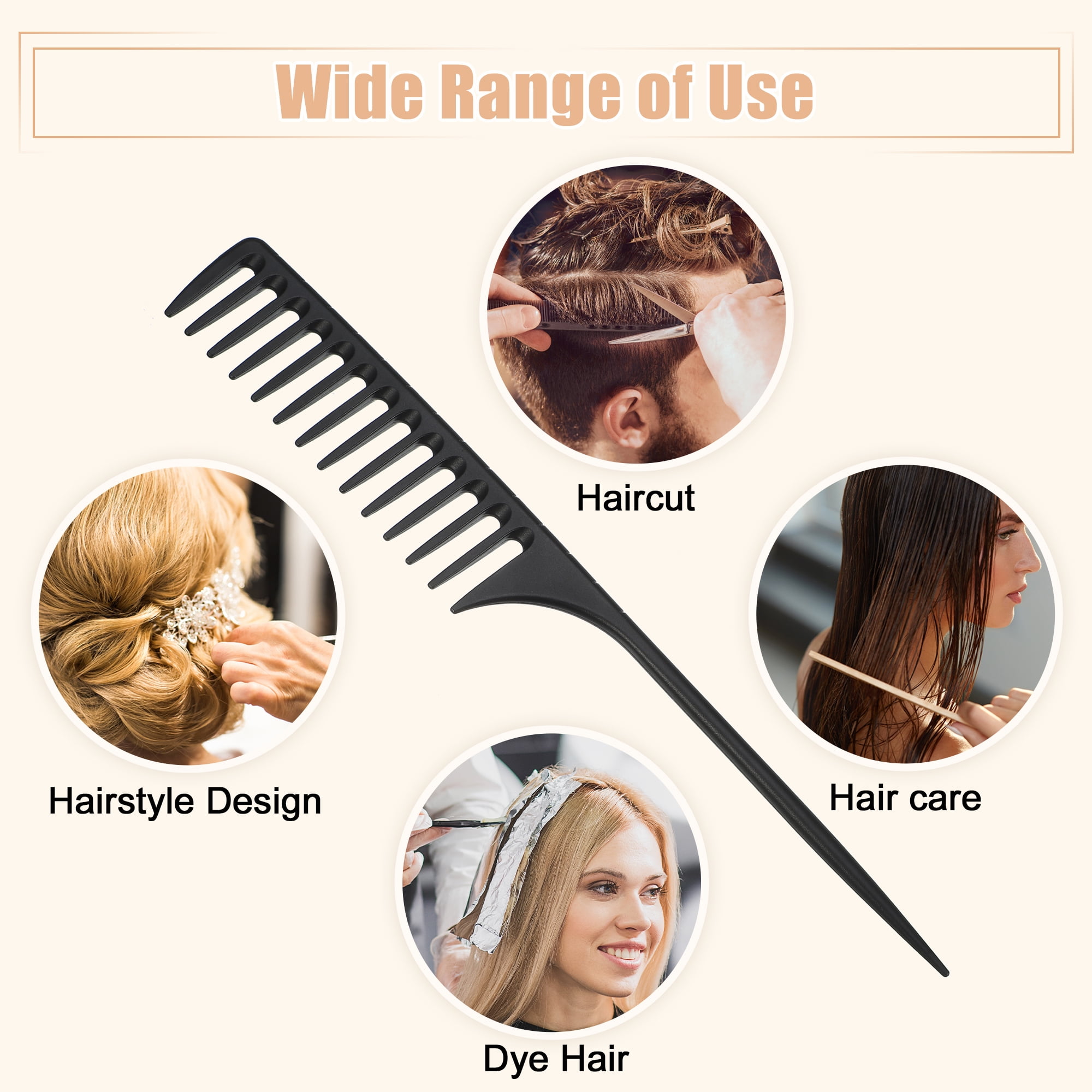 Unique Bargains Wide Tooth Rat Tail Comb Plastic for Wet Curly Hair for Women Men Black