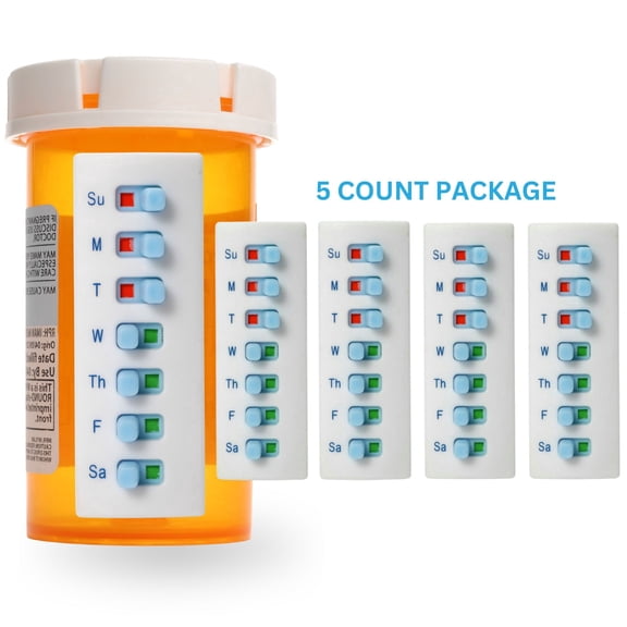 Take‑n‑Slide Peel and Stick Reusable for 12   Refills, Pill/Medication/Vitamin/Pet Tracker and Reminder, Attach to Your Bottle, Organizer-Free, Curved‑Back (White, 5-Pack)