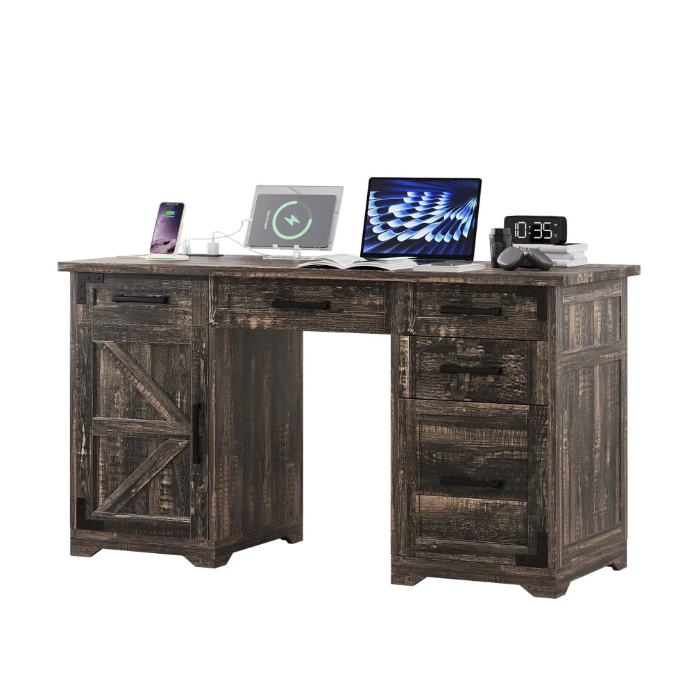 55" Farmhouse Executive Desk with Charging Station & Power Outlet, Computer Desk with 5 Drawers & Cabinet, Rustic Walnut Writing Desk for Home Office, Gray
