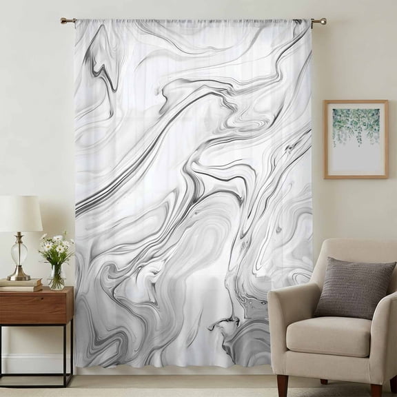 White Gray Marble Sheer Curtains 45 Inches Long, Modern Minimalist Abstract Texture Light Filering Curtains, Breathable Simi Curtain Privacy Drapes for Kitchen Bathroom Small Window Treatment