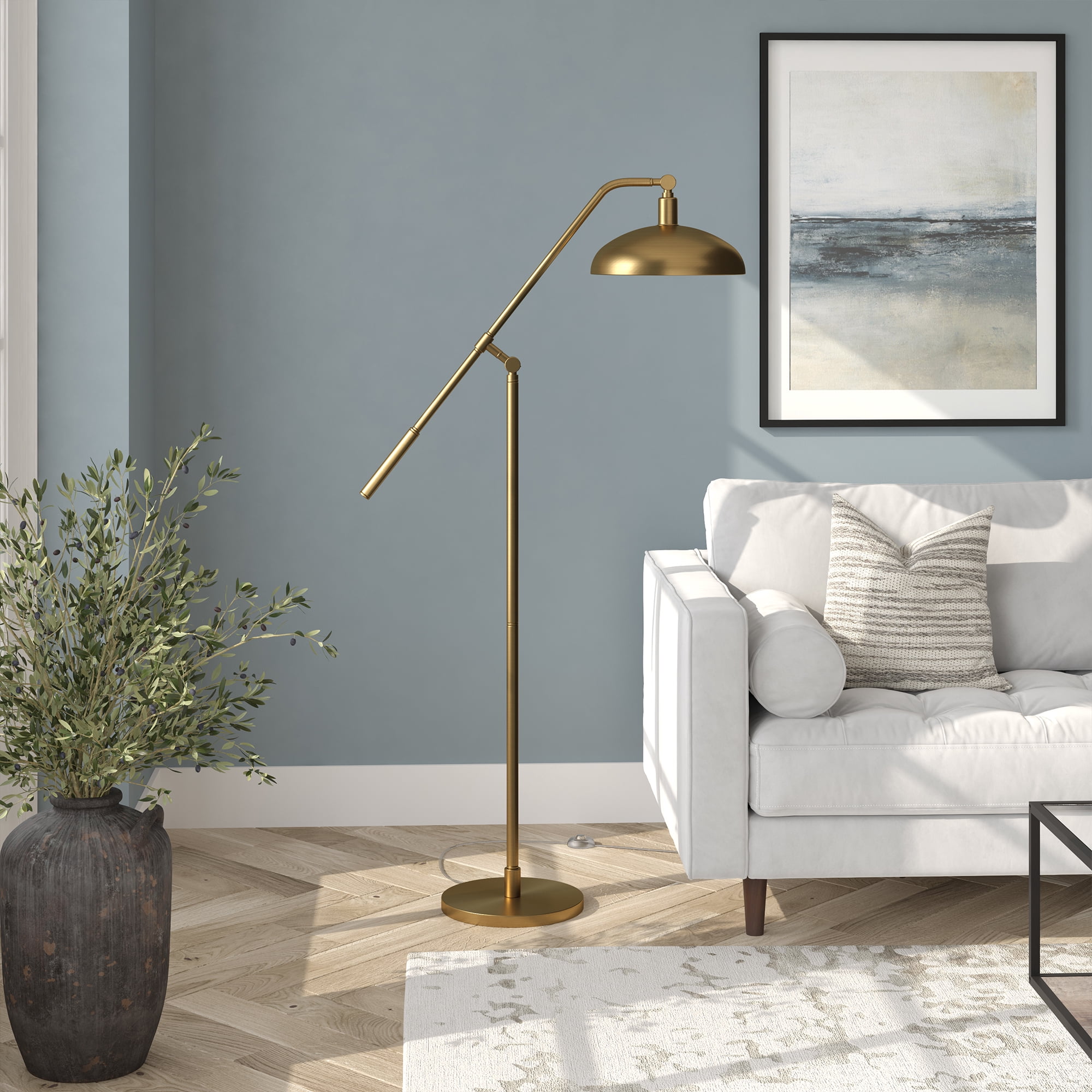 Evelyn&Zoe Devon Boom Arm Floor Lamp with Metal Shade, Brass/Brass