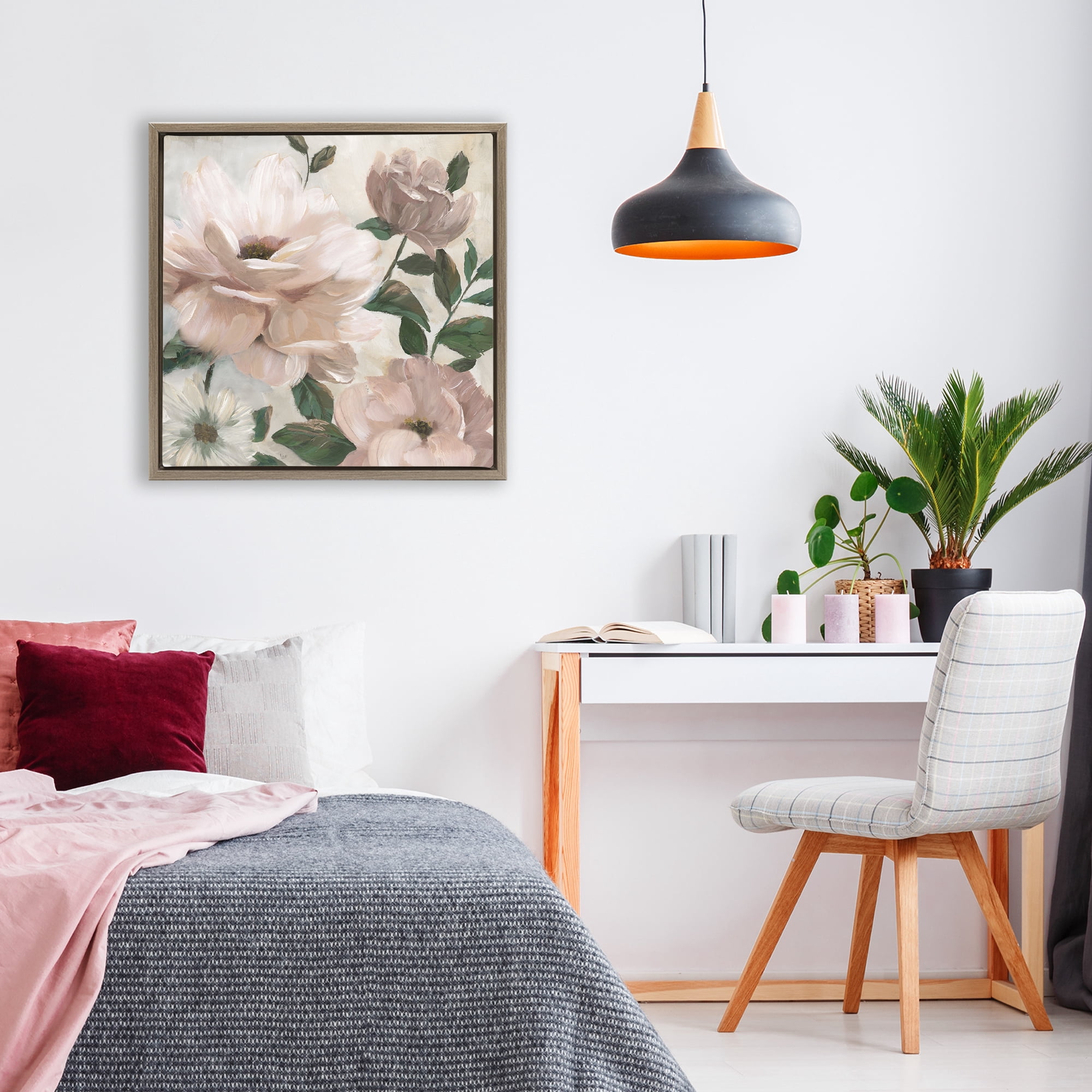 Stupell Industries Budding Blush Peonies & Leaves Brown Framed Floater Canvas Wall Art, design by Nan