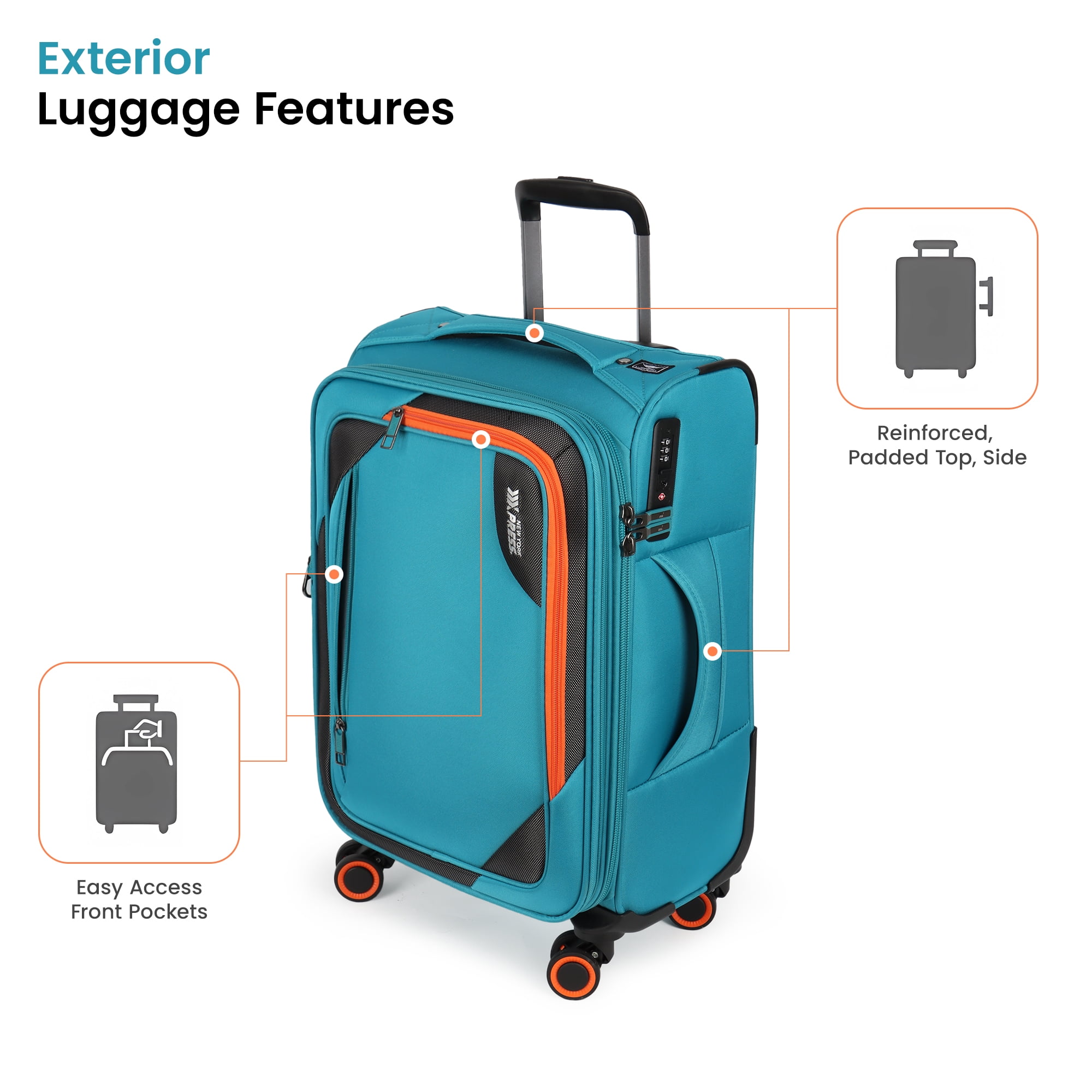 New York Xpress 3-Piece Softside Luggage Set, Expandable Spinner Suitcase with TSA Lock, Front Opening, 22/28/32 for Adult, Sky Blue , WD8818