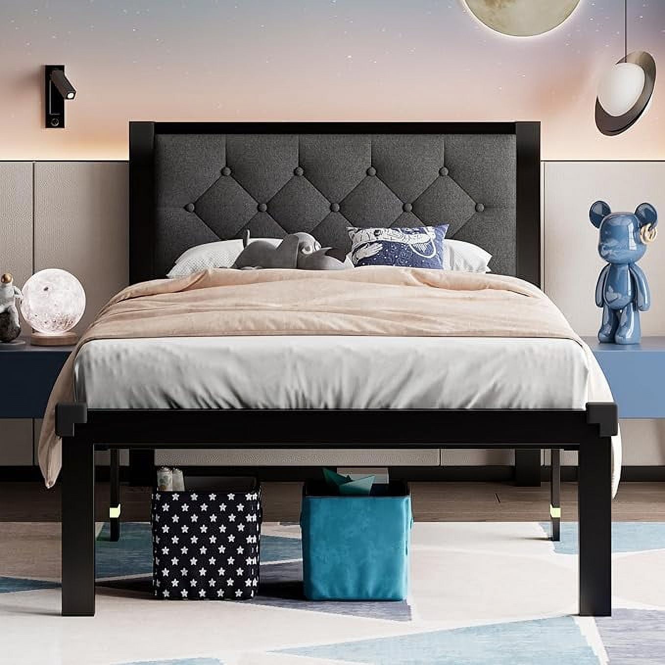 Feonase Twin Size Metal Platform Bed Frame with Linen Upholstered Headboard, 12" Under-Bed Space, Steel Slats Suppor, Black