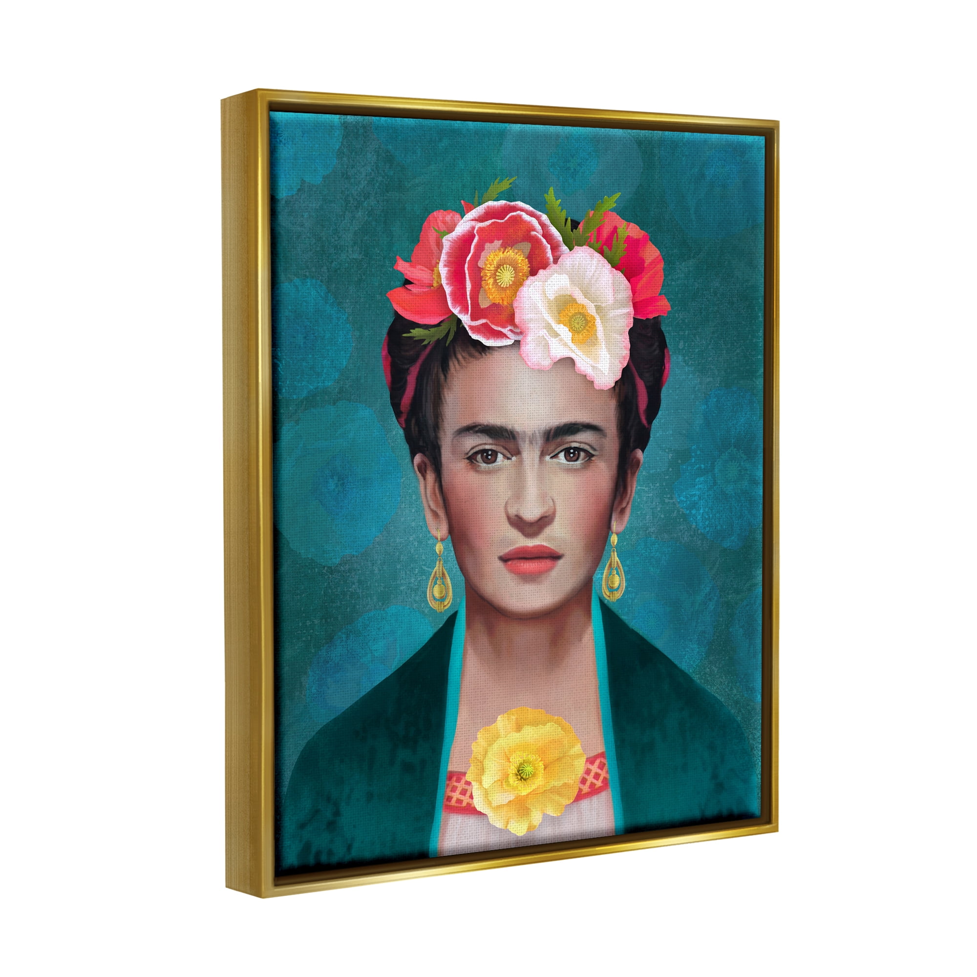 Stupell Industries Frida Kahlo Floral Portrait Botanical & Floral Painting Gold Floater Framed Art Print Wall Art, 17 x 21