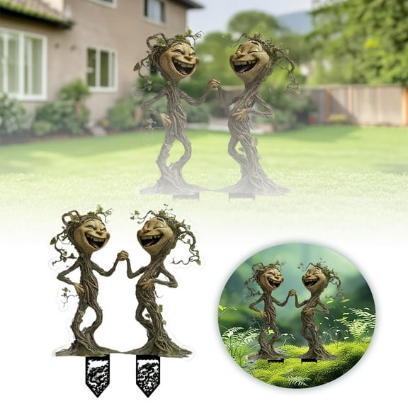 Fairy Garden Stakes Flat Garden Stakes Acrylic 2D Flower Pot Stake Garden Ground Insert Fairy Garden Accessories Tree Man Statue Ornaments for Pot Yard