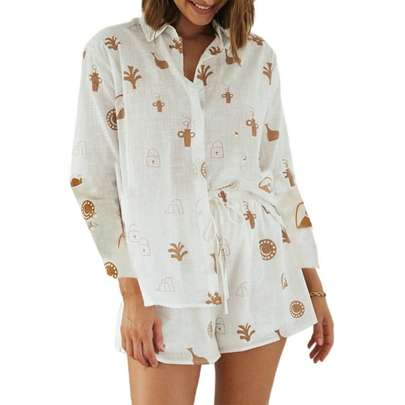 Seyurigaoka Women's 2Pcs Lounge Tracksuit Outfit Sets Long Sleeve Button-Down T-Shirt Loose High Waisted Drawstring Shorts Set