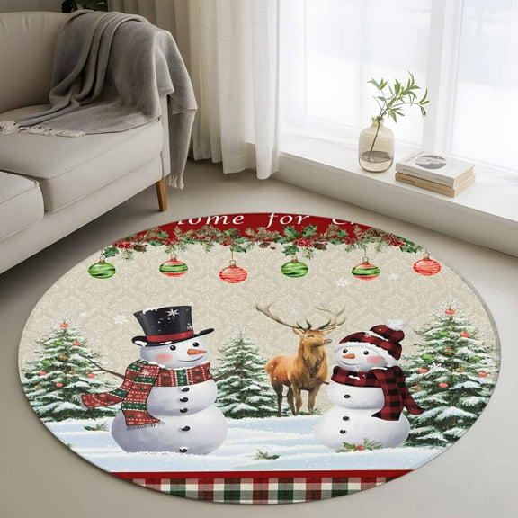 Snowman Christmas Round Area Rug 3 FT, Small Kitchen Bathroom Mat, Xmas Tree Ball Elk Farmhouse Plaid Washable Indoor Outdoor Throw Runner Carpet Non-Shedding Doormat for Table Shower Sofa Entryway