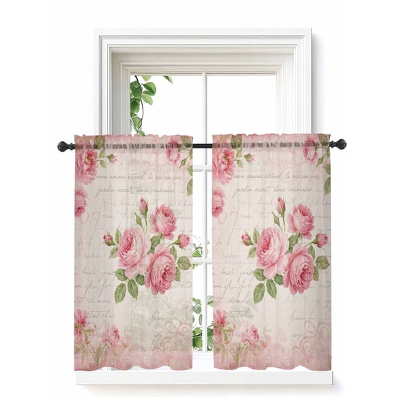 Botanical Roses Curtains 45 Inch Length,Sheer Curtains for Bedroom Living Room Window Cottagecore Florals Pink Vintage Farmhouse Rod Pocket Drapes Kitchen Curtains Small Half Window 42"x45" 2 Panels