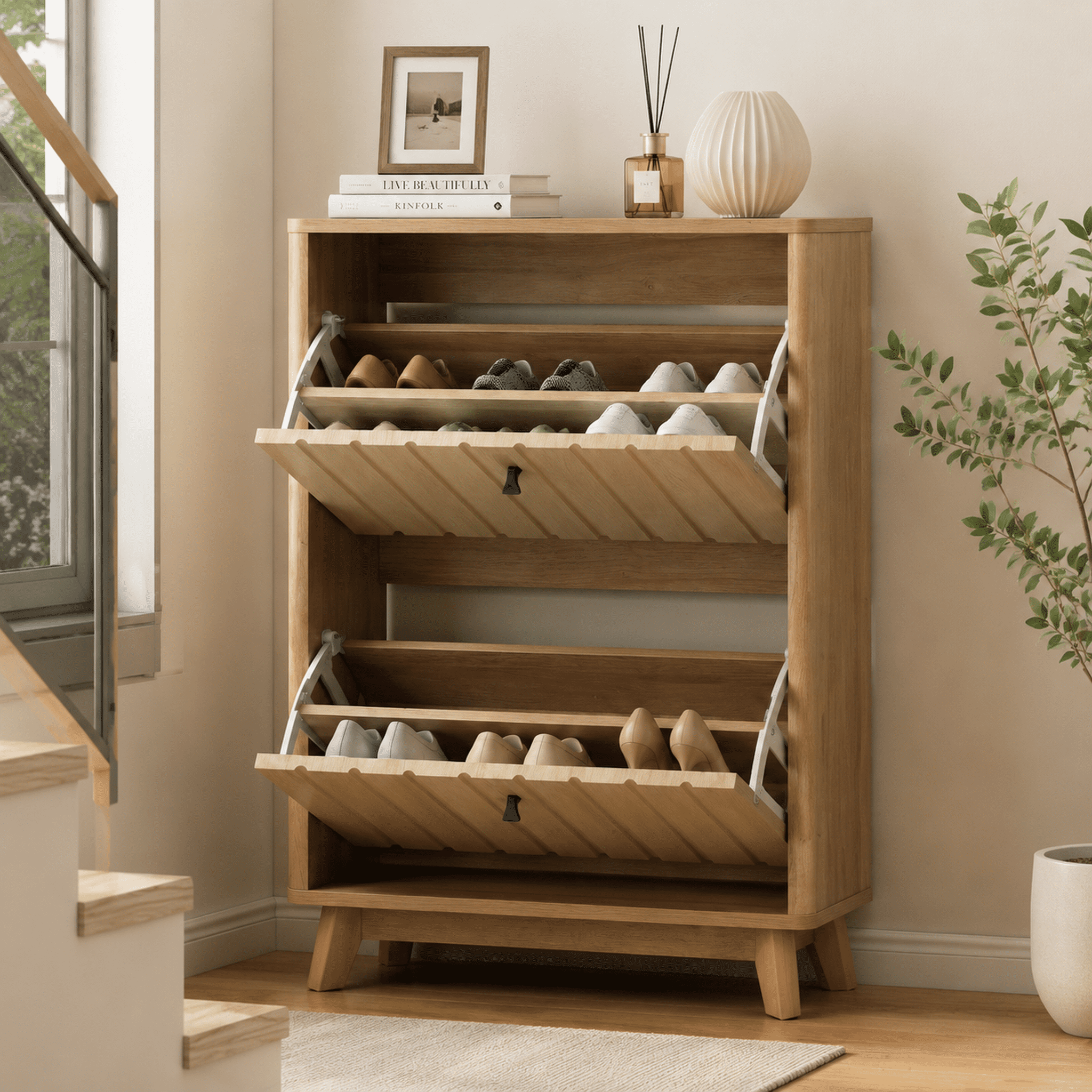 23.6-Inch Entryway Shoe Cabinet with Flip-Down Design and Adjustable Shelves, Ultra-Thin Shoe Rack and Dustproof Storage Organizer for Hallway, Oak