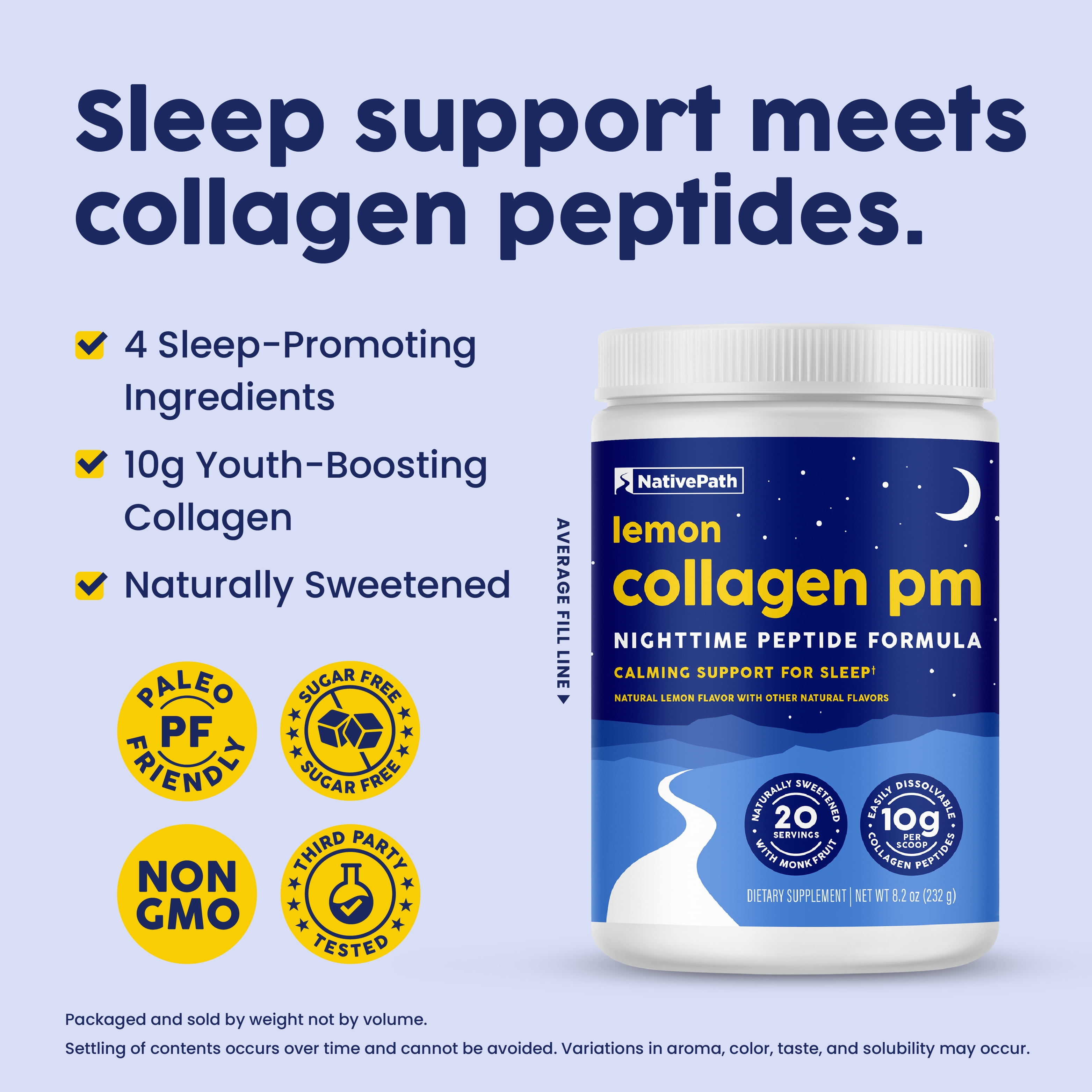 NativePath Collagen PM Lemon, Sleep Support with Melatonin & Magnesium, Gluten-Free, 20 Servings