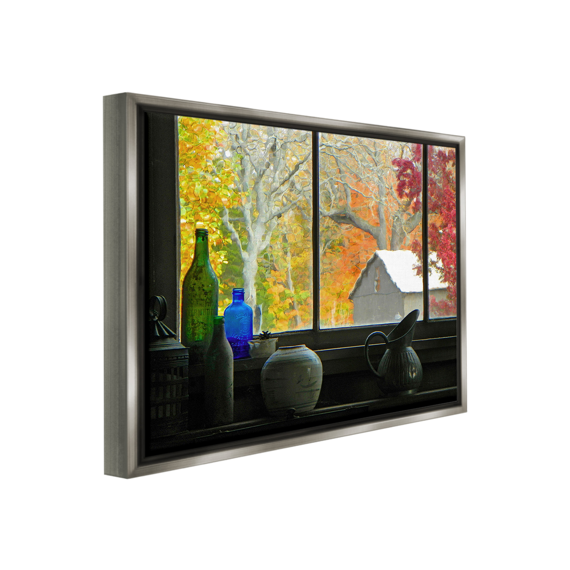 Stupell Industries Fall Foliage in Window Landscape Photography Gray Floater Framed Canvas Art Print Wall Art, 21 x 17