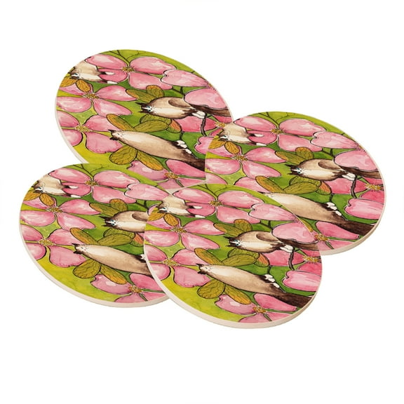 KuzmarK Sandstone Drink Coaster (set of 4) - Ragdoll Kitty Fairies with Pink Dogwood Art by Denise Every