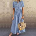 thumbnail image 3 of Cheers Robe en Jean Rétro pour Femmes Manches Courtes Col Rabattu Poches Boutons Longue Ample, 3 of 5