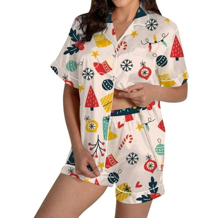 JIANJIA Womens Pajama Sets Christmas Cartoon Print Silk Satin Lapel Short Sleeve Tops With Shorts Sleepwear Underwear