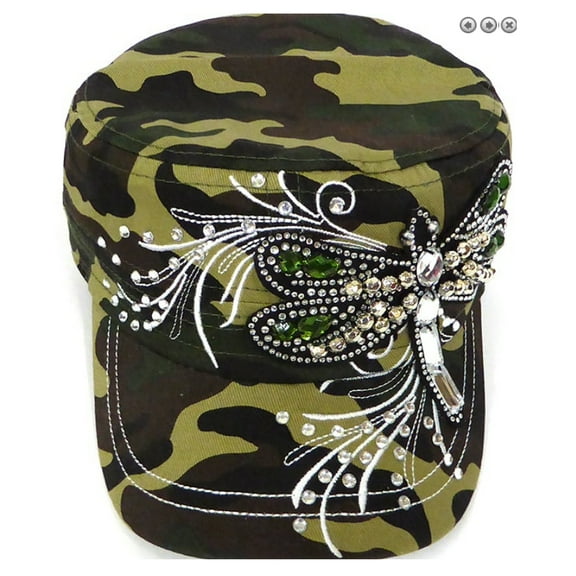 Dragonfly Rhinestone Dazzle Cadet Hat (Camo Green)