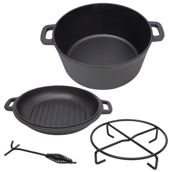 Cast Iron Dutch Oven 5 Quart, Pre-Seasoned 3-in-1 Camping Cookware with Skillet Lid, Ribbed Grill Bottom, Heavy Duty Pot for Campfire Cooking, Baking & BBQ, Includes Lid Lifter & Iron Pot Rack