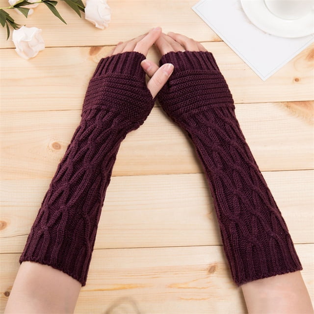 Gants Longs en Laine Tricotée pour Femmes Demi-Doigt Automne et Hiver Femmes Chauds Manche Froissée
