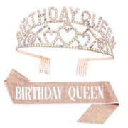 SKYSONIC Glitter Sash and Rhinestone Tiara Set - Birthday Party Decorations and Favors ()