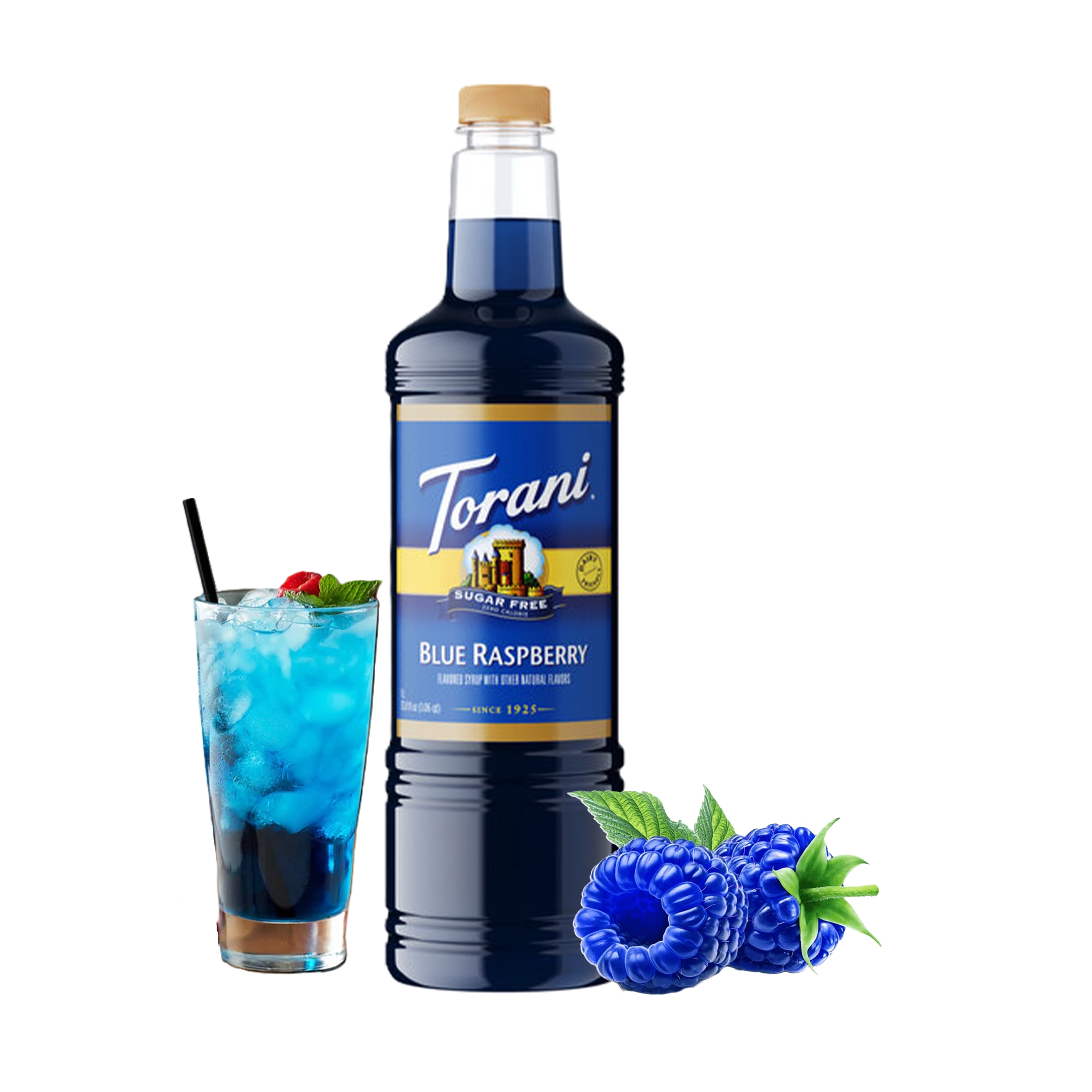 Torani Sugar Free Blue Raspberry Flavouring Syrup, 1 Liter + Gold Pump