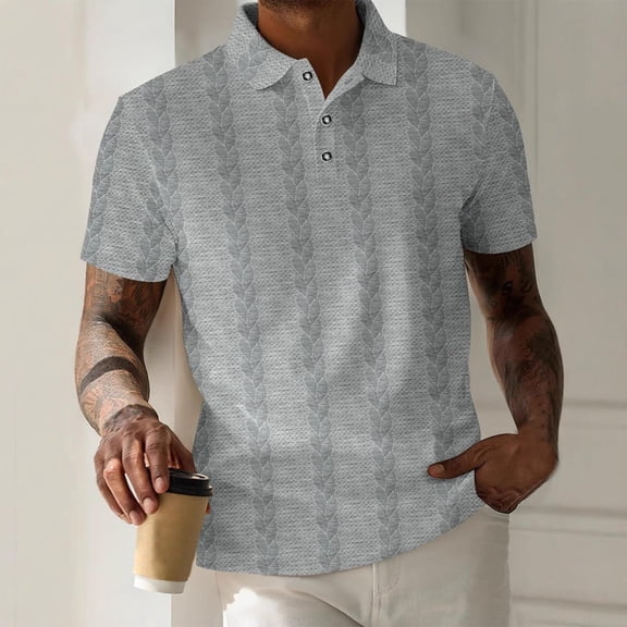 Man Stretch Short-Sleeve Cable Knit T-Shirt Men's Textured Short Sleeve Lapel Collar Dress Casual Top with Button Slim Fitting Business Casual Golf Blouse Tee Gray XL