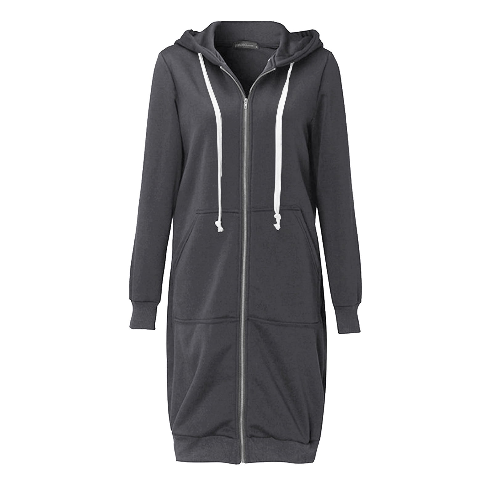 Scyoekwg Long Coats for Women Overcoat Long Sleeve Hooded Neck Coat Solid Color Casual Jacket Plus Fleece Insert Pocket Hooded Zipper Mid Length Sweater Dark Gray S