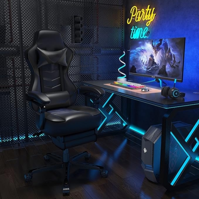 PULUOMIS Gaming Chair with Footrest Ergonomic Office Chair with Arms for Adults Kids, Black