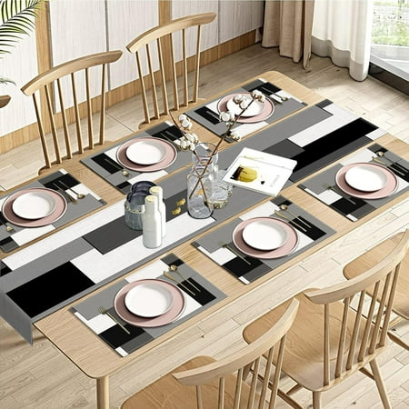 

Black Grey Table Runner and Placemats Set of 6 Modern Geometric Abstract Painting Art Dining Decor for Daily Use(1 Table Runner 90 inches Long and 6 Placemats)