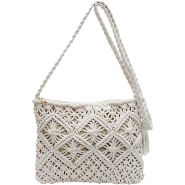 LHSHIDU Bohemian Crochet Beach Bag Women 2025 Summer Woven Shoulder Crossbody Purses Tote Handbags with Tassels 2025