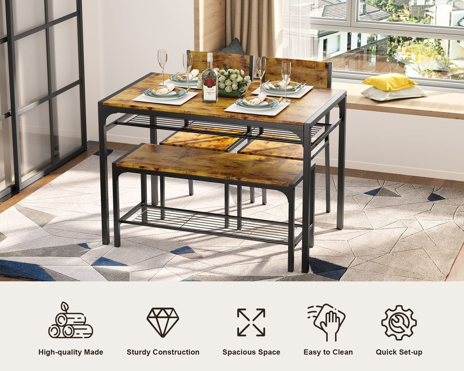 Lofka Retro Wooden Dining Table Set for 4 with Storage Bench Rack for Dining Room & Kitchen